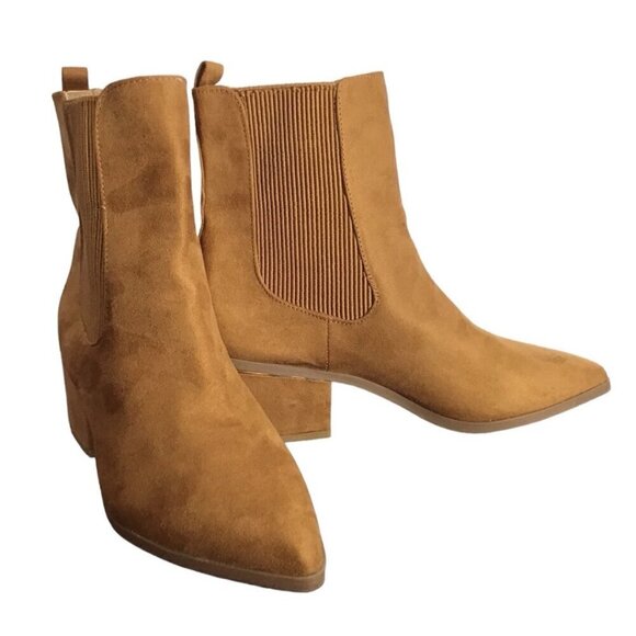 Express SZ 6 Chelsea Tan faux suede look ankle boot modern western retro essenti - Picture 3 of 13